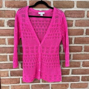 Fun hot pink crochet cardigan sweater.  petite large